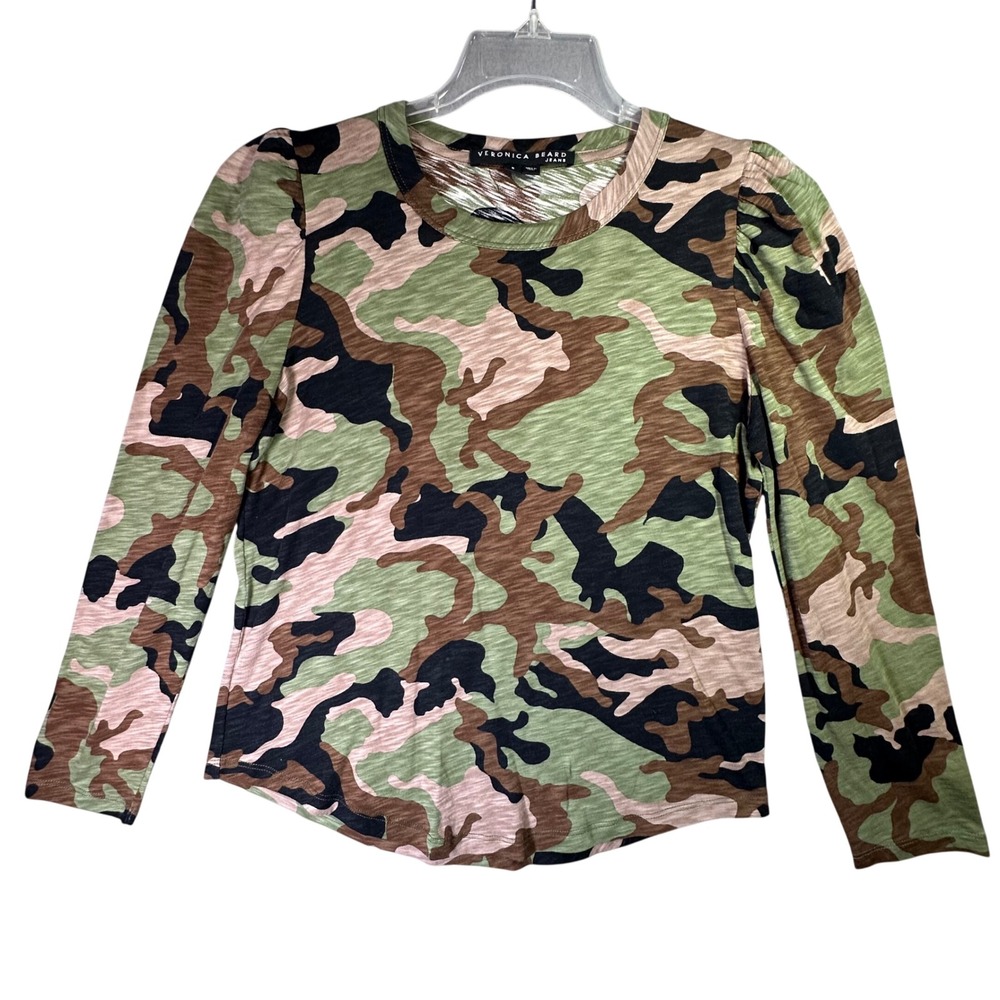 Veronica Beard Jeans Camo Puff Sleeve Pima Cotton Top  Green Designer Luxury S